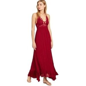 Free People Adella Slip Crochet Lace Maxi Dress Smocked Small Cranberry Size XS